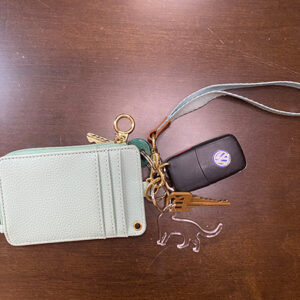 Clear cat keychain next to keys and a car key and attached to a wallet.